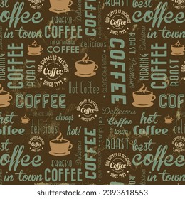 Coffee Themed Seamless pattern. Words, cups of coffee, and creative doodles. Beige and brown gamut. Abstract background for cafe or restaurant brand design.