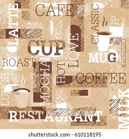 Coffee Themed Seamless pattern. Words, cups of coffee, and creative doodles. Beige and brown gamut. Abstract background for cafe or restaurant brand design.