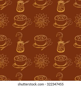 Coffee themed seamless vintage pattern. Vector illustration for graphic design