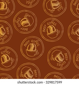 Coffee themed seamless vintage pattern with hand drawn elements. Vector illustration for your graphic design.