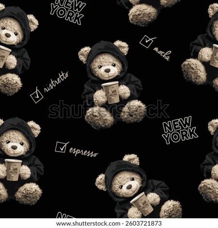 Coffee themed teddy bear vector illustration.Teddy bear pattern hand drawn illustration cute print design for kids.Coffee themed, cute animal graphic print for textiles. Teddy bear graphic.Espresso
