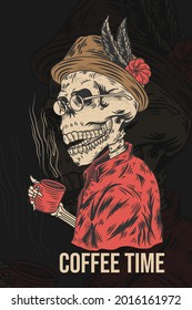 Coffee themed t-shirt design template with skull holding a cup of coffee