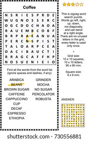 Coffee themed zigzag word search puzzle (suitable both for kids and adults). Answer included.
