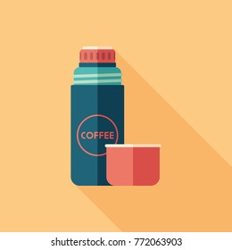 Coffee thermos flat square icon with long shadows.