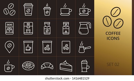 Coffee thin icons set on dark background. Set of hot coffee in paper cup, coffee pot, instant coffee pack, shop location, bakery, espresso cup, cafe linear icons