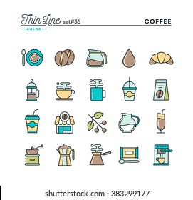 Coffee, thin line color icons set, vector illustration