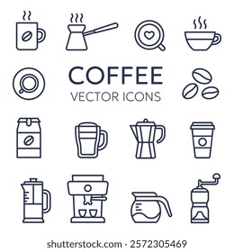 Coffee thin line icons set, coffee shop elements