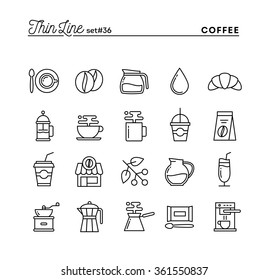 Café, conjunto de ícones de linha fina, ilustração vetorial