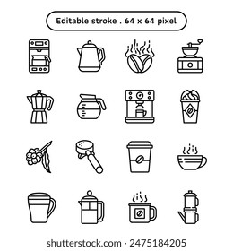 Coffee things represent coffee machine vector icon set in a line style volume1. A collection such as drip coffee maker, kettle, and coffee grinder. Human made 64x64 pixels icon. Editable stroke.