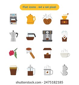 Las cosas del café representan las máquinas de café y las tazas de Vector icono establecido en un volumen de estilo plano1. Una colección como cafetera de goteo, hervidor de agua y molinillo de café. Icono de 64x64 píxeles hecho por humanos.