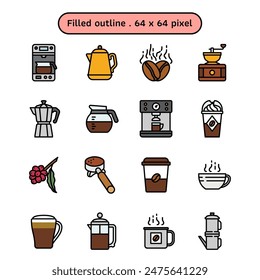 Coffee things represent coffee machines and cups vector icon set in a filled outline style volume1. A collection such as drip coffee maker, kettle, and coffee grinder. Human made 64x64 pixels icon.