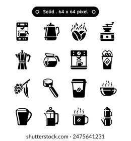 Kaffeegegenstände stellen Kaffeemaschinen und Tassen Vektorgrafik Icon Set in einer Glyphe oder soliden Stil Volumen1. Eine Kollektion wie Tropfkaffeemaschine, Wasserkocher und Kaffeemühle. Menschliches 64x64-Pixel-Symbol.