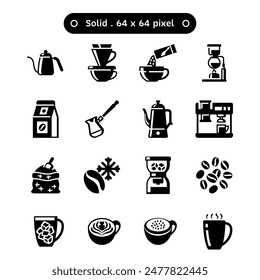 Kaffeegegenstände repräsentieren Kaffeemaschinen-Vektorgrafik-Icon-Set in einem festen oder Glyphen-Stil Volumen2. Eine Kollektion wie Schwanenhalskessel, Instantkaffee und Siphon. Menschliches 64x64-Pixel-Symbol.