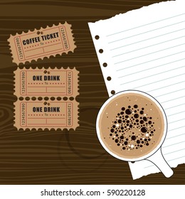 coffee ticket, cup of coffee with notepaper. on wooden background Vector