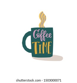Coffee Time abstract color green quote lettering. Calligraphy inspiration graphic design typography element. Hand written postcard Cute simple vector sign paper cutout letters geometric style print