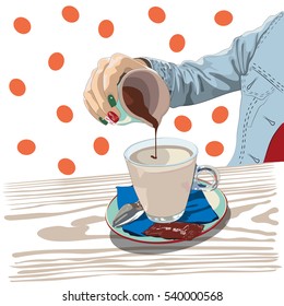 Coffee time. Action prepare latte macciato. Pouring espresso into whipped milk. White background with polka dots. Vector 10.