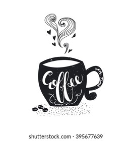 Coffee Time Any Time hand  lettering on black cup with decorative elements. Vector illustration