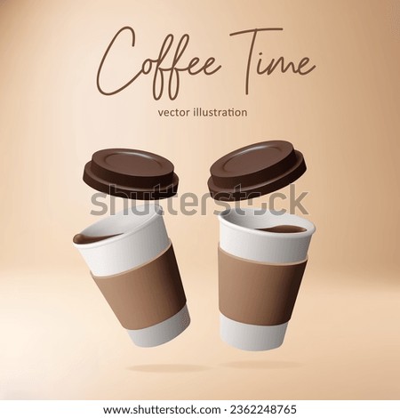Coffee time banner. 3d realistic two paper coffee cups. Takeaway coffee or tea to go concept. Vector eps10 illustration or background.