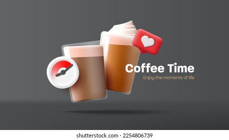 Coffee time banner with 3d render capuccino and latte with foam cream in glass mugs with timer and like icons