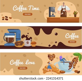 Coffee time banner concept, vector illustration. Cartoon people character at business design, coffee break together. Template page with cafe