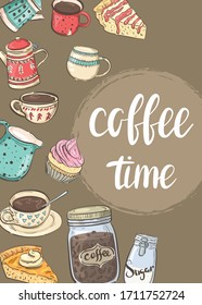 Coffee time. Banner with coffee, cups and sweets