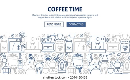 Coffee Time Banner Design. Vector Illustration of Outline Template.