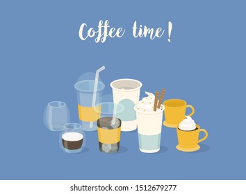 Coffee time banner. Different types of coffee in  paper and glass cup. Vector illustration.