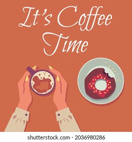 Coffee time banner or poster background with hands holding mug and inscription, cartoon vector illustration. Cafe or cafeteria hot drinks card or menu template.