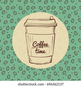 Coffee time banner, roasted beans background hand drawn