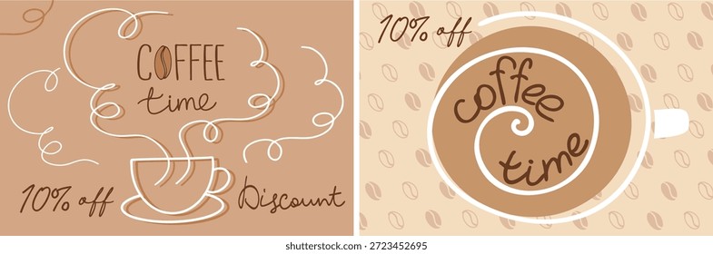 Anuncio de tiempo de café con taza humeante y 10 por ciento de descuento, tonos marrones cálidos, acogedora ilustración de estilo café para promociones y marketing