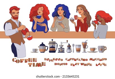 Coffee Time. Barista and young women with a cup of coffee. Set of people and coffee equipment. Flat style girls and man  isolated on white. Coffee maker, cup, grinder mill and pot. Vector.
