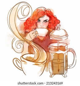 Coffee time: Beautiful redhead young woman enjoying a cup of coffee or tea, vector illustration