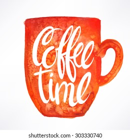 Coffee time. Beautiful watercolor orange cup. hand-drawn illustration
