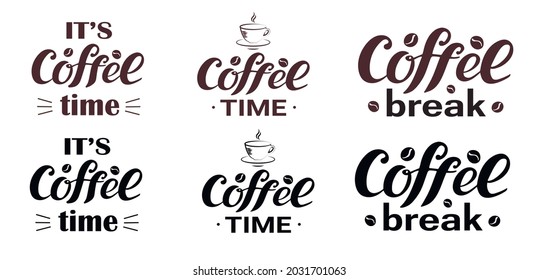 Coffee time and break with beans, lines and a  cup in brown stylish color for  business, cafe, identical design, flyer, sticker, ads