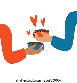 Tiempo de café, concepto de descanso de café. Hora del desayuno. Manos humanas con taza de té. Manos humanas sujetando tazas o tazas con bebidas calientes, ilustración vectorial de dibujos planos aislados en fondo blanco.