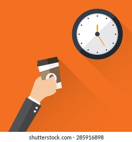 Coffee time, coffee break concept. Hand holding coffee cup