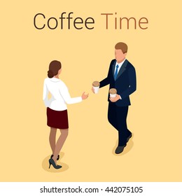 Coffee time or coffee break. Group People Chatting Interaction Socializing Concept. Flat 3d vector isometric illustration