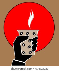 Coffee time, coffee break. Isolated cartoon. Hand holding cup of hot drink. Man Hand Paper Coffee Cup Latte Americano Espresso Flat Design Vector Illustration. Coffee logo made from the flag of Japan