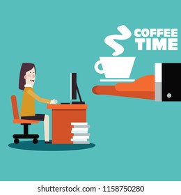 Coffee time, break and relaxation vector concept. Boss offering coffee to his employee