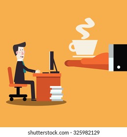 Coffee time, break and relaxation vector concept. Boss offering coffee to his employee.  Modern design vector style