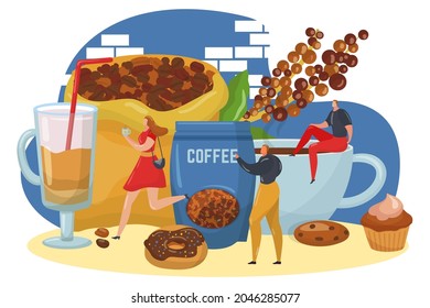 Kaffeepause mit süßer Konditorei und Doughnut, winzige Menschen charakterisieren zusammen energetisches Getränk flache Vektorgrafik, einzeln auf Weiß.