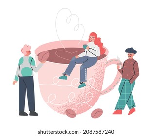 Coffee Time Break with Tiny Man and Woman Character Enjoying Hot Drink in Cup Vector Illustration