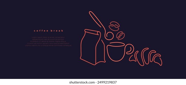 Coffee time. Breakfast theme, croissant, bean abstract silhouette in one line design. Simple sketch vector illustration isolated on black background