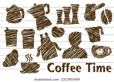 tiempo de café con pluma marrón sobre fondo blanco