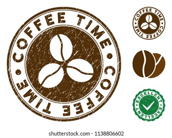 Coffee Time brown stamp. Vector seal print imitation with grunge style and coffee color. Round vector rubber seal stamp with grunge design of Coffee Time label. Bonus excellent mark.