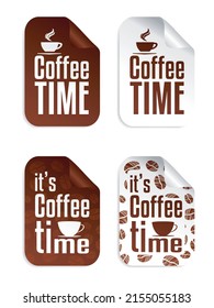Coffee time brown, white stickers set. Vector illustration