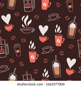 Coffee time, cafe, hot drinks dessert expresso and cappuccino seamless pattern cartoon vector illustration. Coffee time break concept with hot drink mugs background.