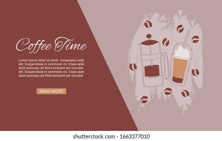 Coffee time, cafe, hot drinks dessert expresso and cappuccino web banner cartoon vector illustration. Coffee time break concept with hot drink menu, cafe.