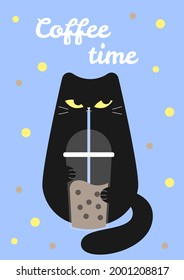 Coffee time card. Adorable black cat drinks coffee. Vector greeting card with cute animal.