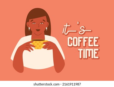 It's coffee time card with black woman holding cup. Poster in retro style with stylish person. Print for cafe, restaurant, lunch invitation. Vector illustration on pink background.